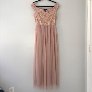 Prom Dress Blush Pink Sequin Lace Tulle Maxi Formal Gown Candalite Women's M